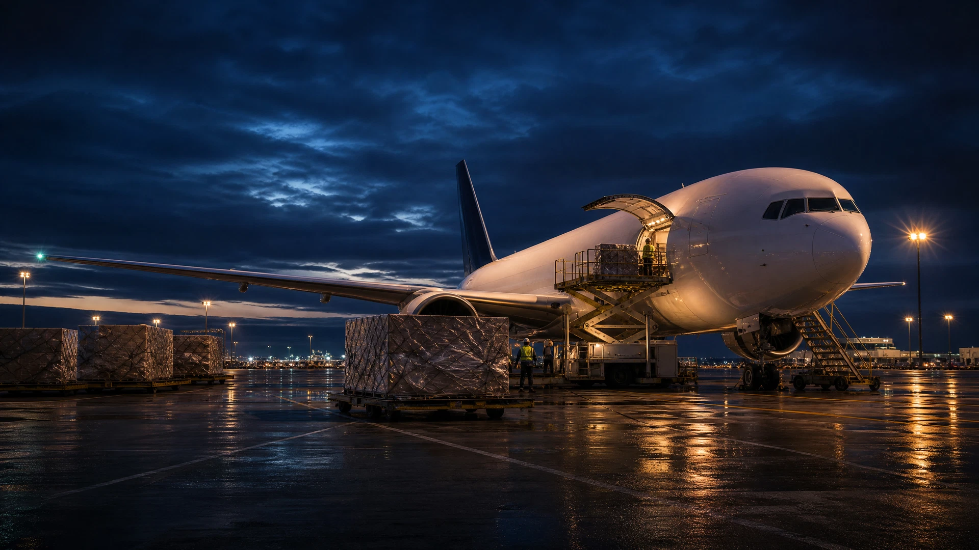 Frachtflugzeug bei der Vorbereitung auf internationale Luftfracht in der Dämmerung