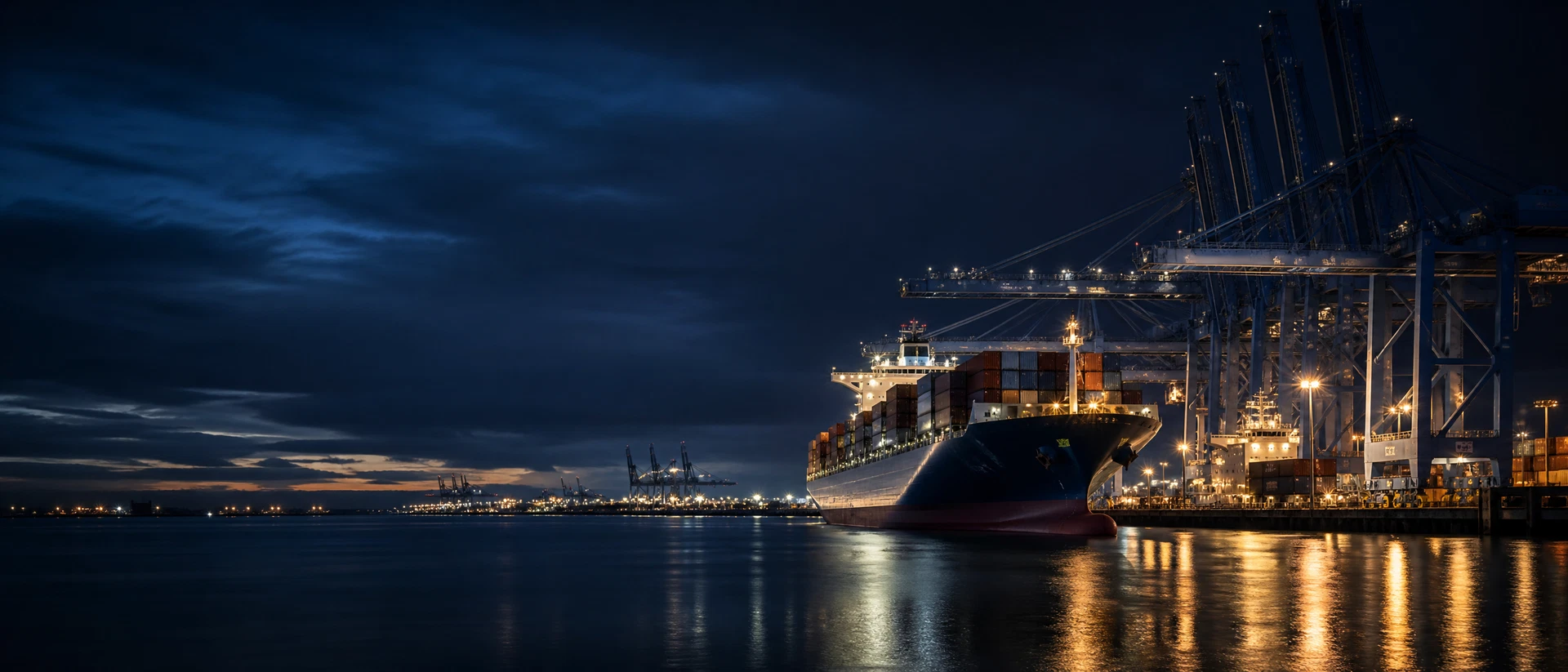 Containerschiff nähert sich zur blauen Stunde einem modernen internationalen Hafen