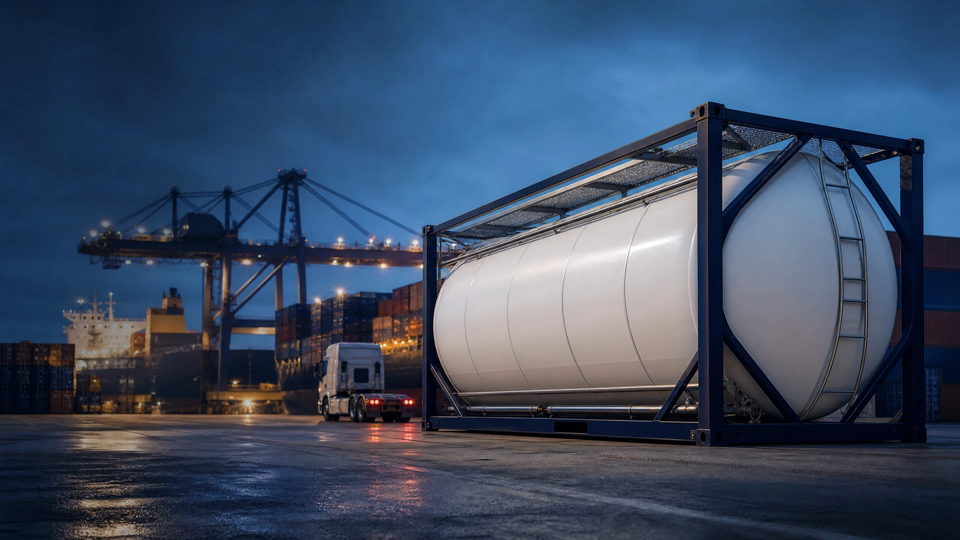Weißer ISO-Tankcontainer, vorbereitet für den britischen und europäischen Lkw- und Seefrachtverkehr