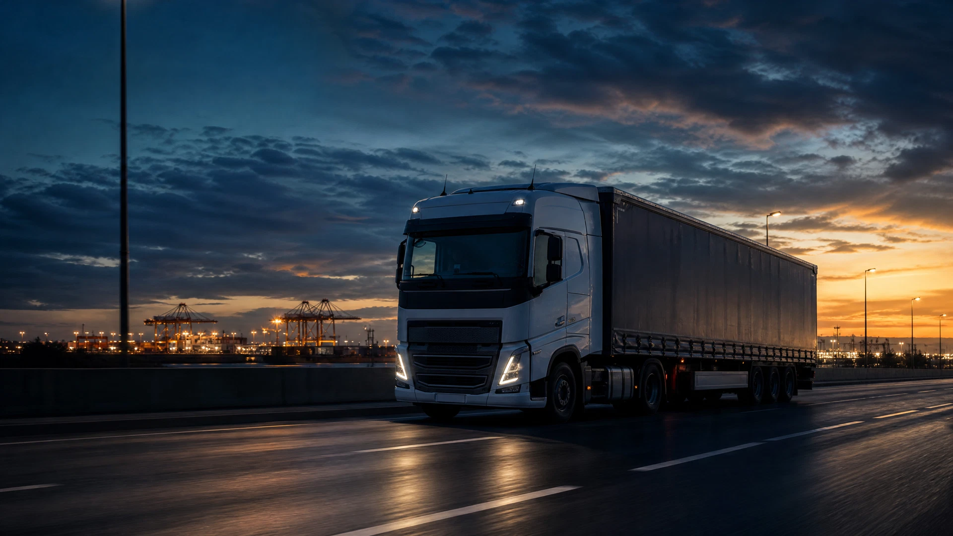 Moderner Fracht‑LKW auf einer europäischen Autobahn im Morgengrauen